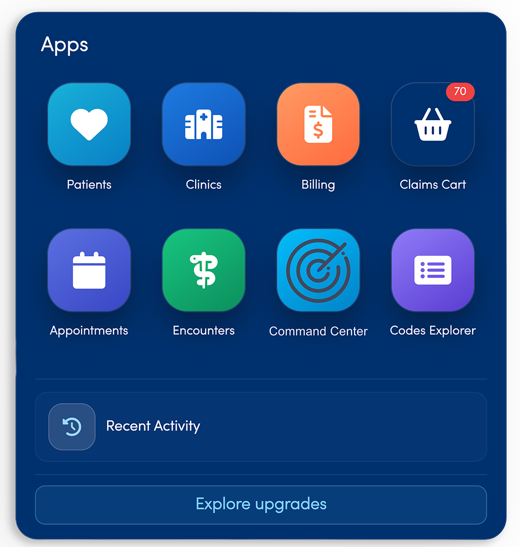EMRDesk application menu showing customizable clinic apps